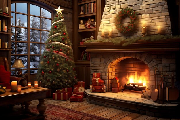 クリスマスツリーと暖炉を備えたリビングの3Dレンダリング