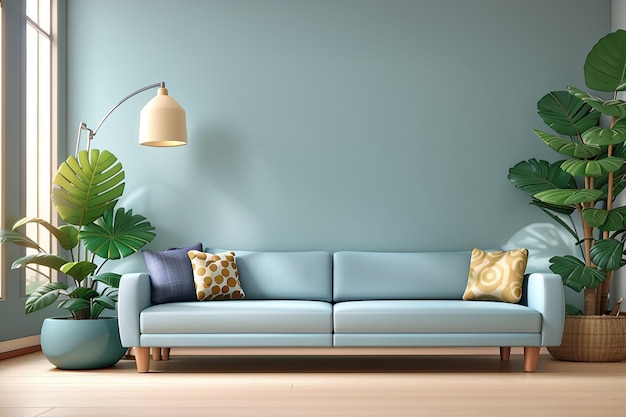 背景に家具ソファソファテーブル植物のあるリビングルームの3Dレンダリング3Dレンダリング漫画イラスト