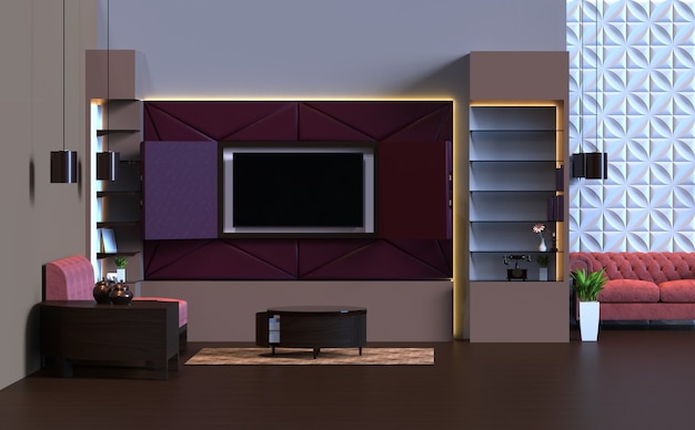 3d rendering of living room with furniture wall panel decoration