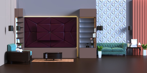 家具の壁パネルの装飾が施されたリビングルームの3Dレンダリング