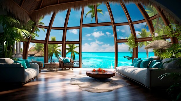 3D レンダリング リビングルーム トロピカルビーチと海の景色の背景