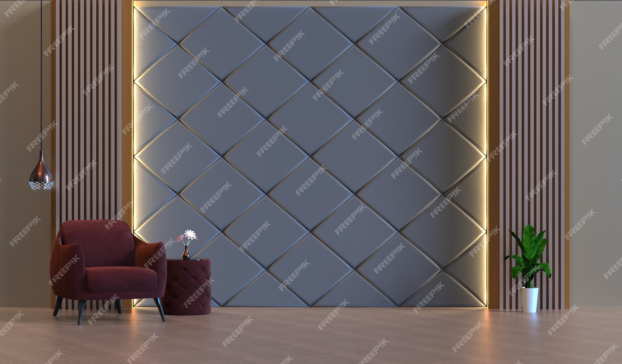 Premium Photo | 3d rendering of living room with wall panel decoration