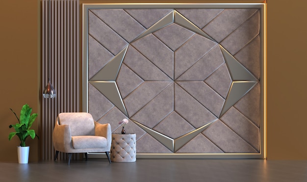 3d rendering of living room with wall panel decoration