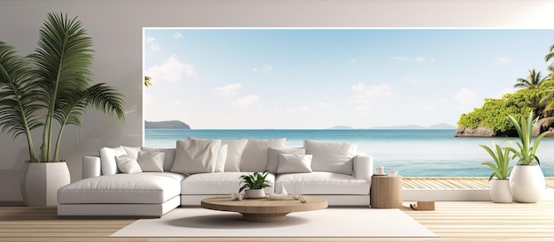 A 3D rendering of a living room with a white interior The room features a sofa armchair shelf