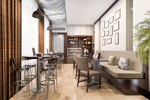 3D-rendering loft en luxe hotelreceptie en café lounge restaurant