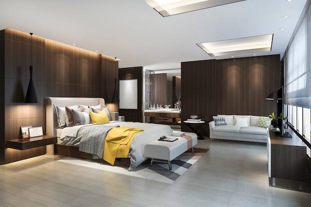 3d-rendering loft luxe bruine slaapkamer met make-up tafel in de buurt van raam