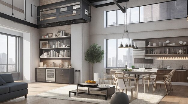 3d rendering loft luxe woonkamer met plank bij eettafel