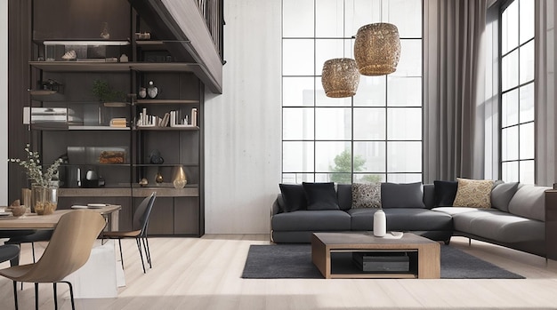 3D-rendering loft luxe woonkamer met plank in de buurt van eettafel