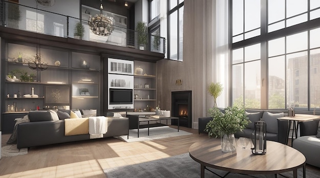 3D-rendering loft luxe woonkamer met plank in de buurt van eettafel
