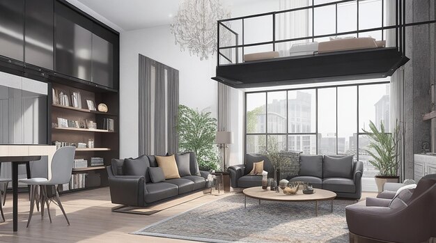 3D-rendering loft luxe woonkamer met plank in de buurt van eettafel