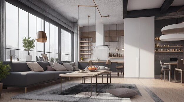 3D-rendering loft luxe woonkamer met plank in de buurt van eettafel