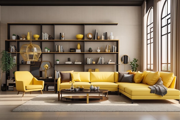 3Dレンダリングロフトの豪華なリビングルームには本棚と黄色いソファがあります