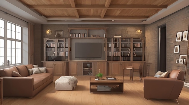 3d rendering loft luxury living room with bookshelf