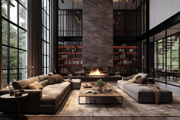 3d rendering loft luxury living room with pouf