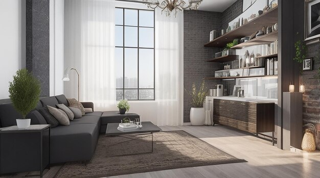 3d rendering loft luxury living room with shelf near dining table