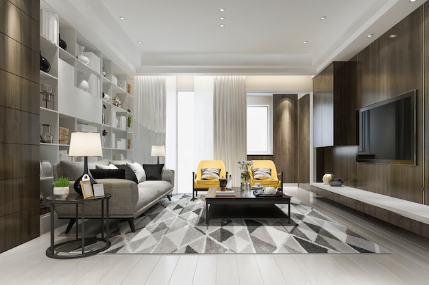 3d rendering loft luxury living room with yellow armchair with bookshelf