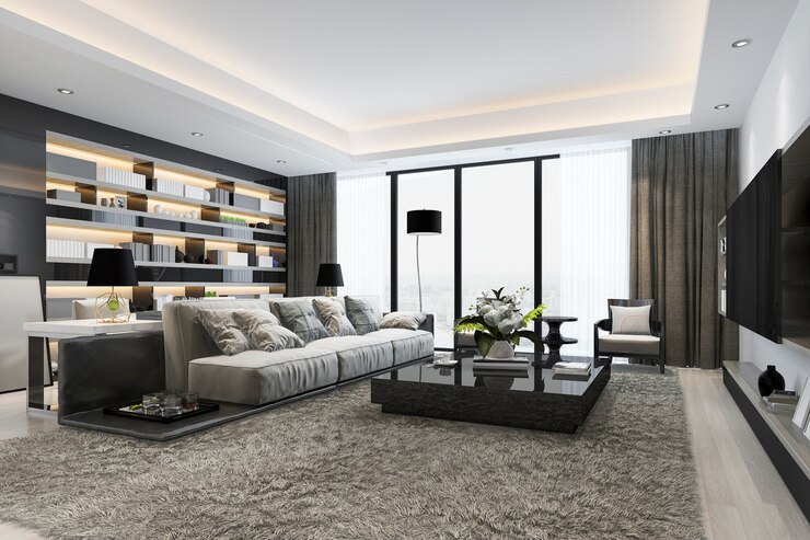 Photo 3d rendering loft luxury living room and working room with bookshelf 