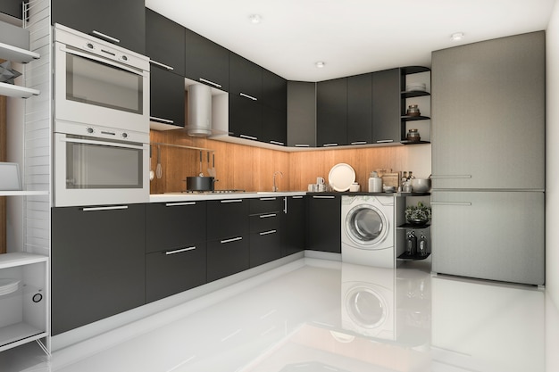 Photo 3d rendering loft modern black kitchen with washing machine