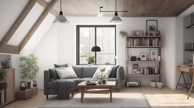 3d rendering loft scandinavian living room with working table and bookshelf