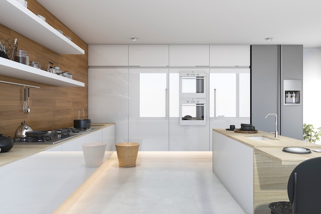 3d rendering loft white kitchen with wood built in