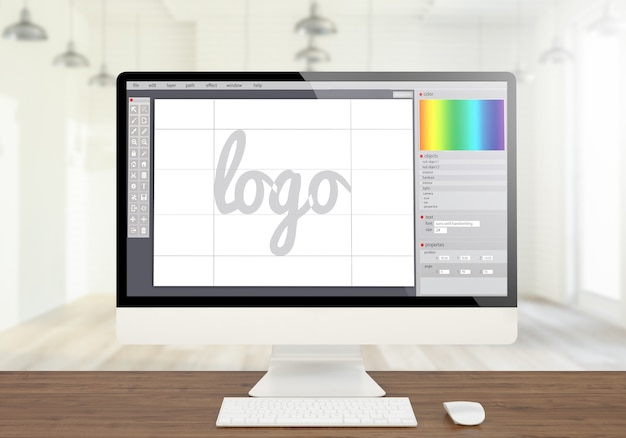 Foto rendering 3d del computer dello schermo di progettazione grafica del logo sul desktop