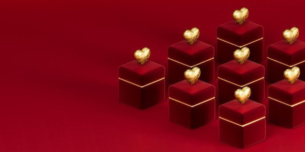벨벳 빨간색 약혼 반지 상자가 있는 3d 렌더링 긴 배너 크리에이 티브 보석 가게 웹 사이트 배너