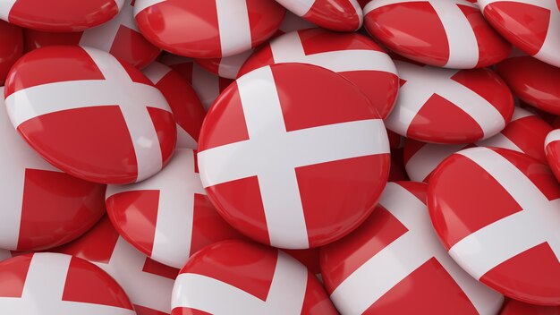 デンマークの旗をクローズアップで表示した多くのバッジの3Dレンダリング