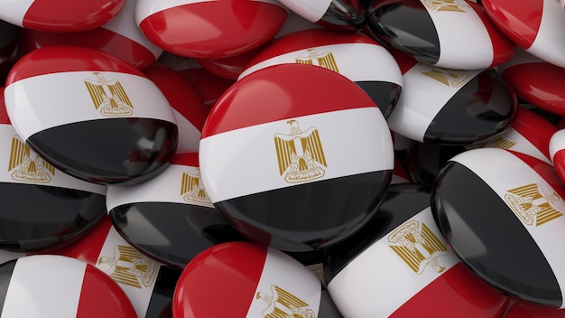 Foto rendering 3d di molti badge con la bandiera egiziana in una vista ravvicinata