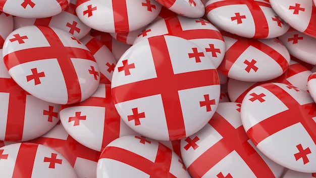 3d rendering of a lot of badges with the Georgian flag in a close up view