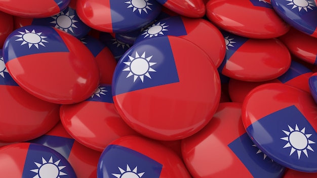 Photo 3d rendering of a lot of badges with the taiwanese flag in a close up view