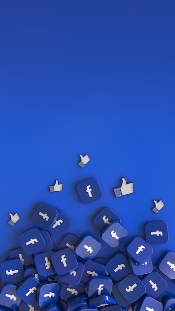 Rendering 3d di molti badge quadrati di facebook e icone simili su sfondo verticale blu