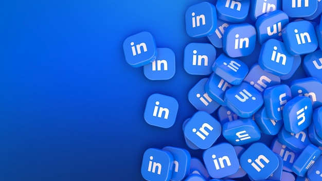 Photo 3d rendering a lot of linkedin square badges ion blue