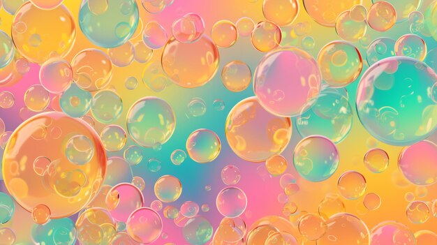 3D rendering of a lot of transparent soap bubbles of different sizes with a rainbow gradient background