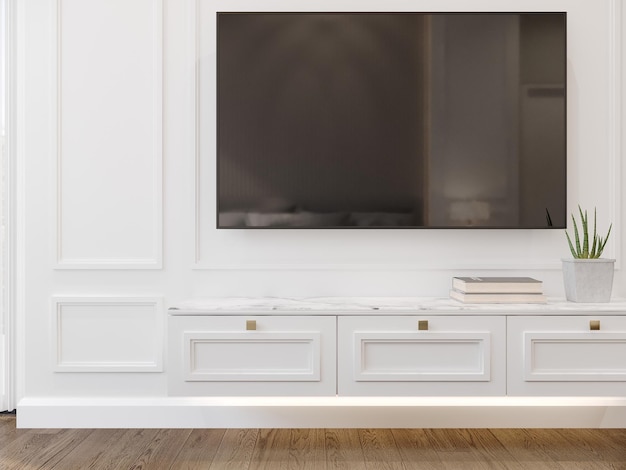 Photo 3d rendering of low cabinet with tv on classic white wall