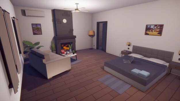 3d rendering low poly simple minimalist house interior and\
exterior