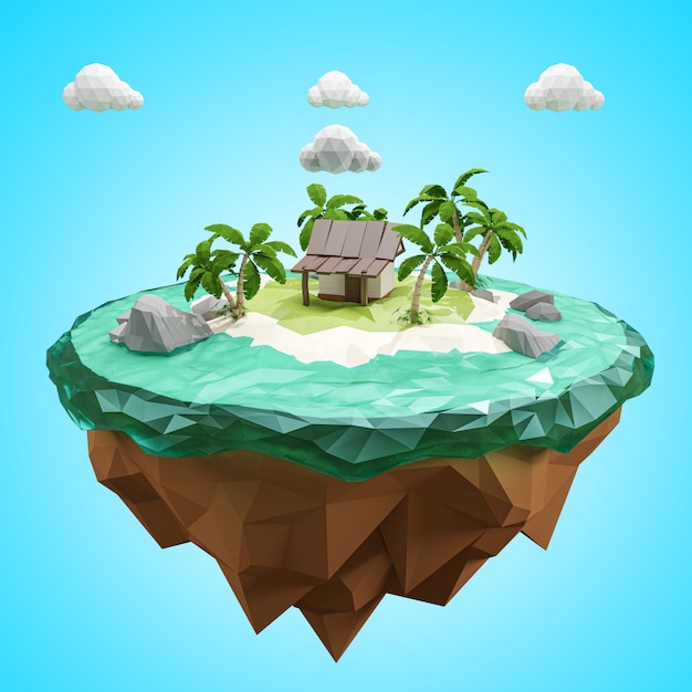 Photo 3d rendering. low polygonal island. adventure relax concept.