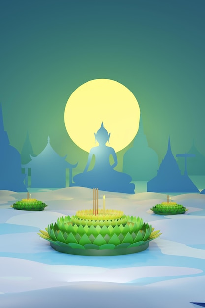 3D 렌더링 Loy Krathong 떠 다니는 꽃 배경 Loy krathong 축제