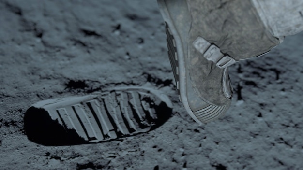 Photo 3d rendering lunar astronaut walking on the moon's surface and leaves a footprint in the lunar soil cg animation elements of this image furnished by nasa