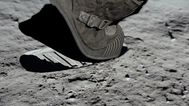 Photo 3d rendering lunar astronaut walking on the moon's surface and leaves a footprint in the lunar soil cg animation elements of this image furnished by nasa