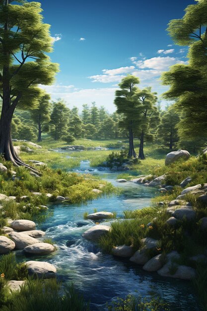 a 3D rendering of a lush green landscape split by a meandering river