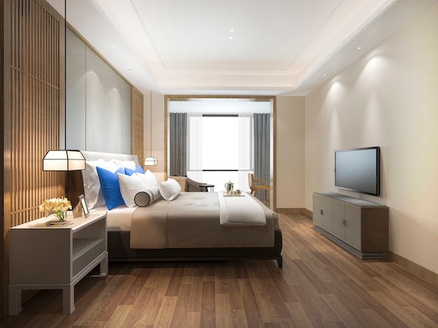 3d-rendering luxe blauwe moderne slaapkamer suite in hotel