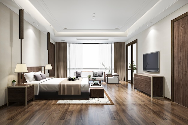 3D-rendering luxe Chinese slaapkamer suite in resorthotel