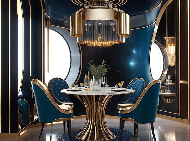 3D-rendering luxe eetset in moderne luxe eetkamer futuristische verlichtingskamer