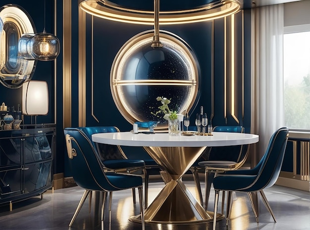 3D-rendering luxe eetset in moderne luxe eetkamer futuristische verlichtingskamer