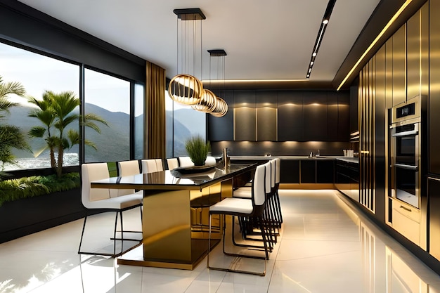 3d rendering luxe en moderne eetkamer en keuken met een prachtige inrichting