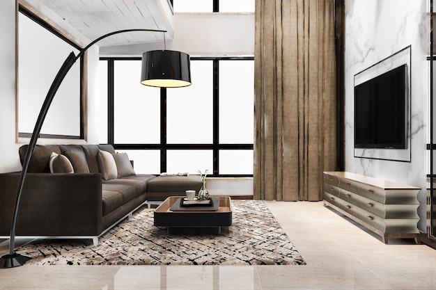 3D-rendering luxe en moderne woonkamer met lederen bank