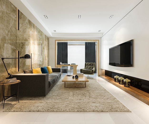 3d-rendering luxe en moderne woonkamer met stoffenbank