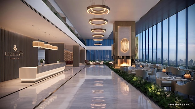 3d rendering luxe hotel receptie hal en lounge restaurant