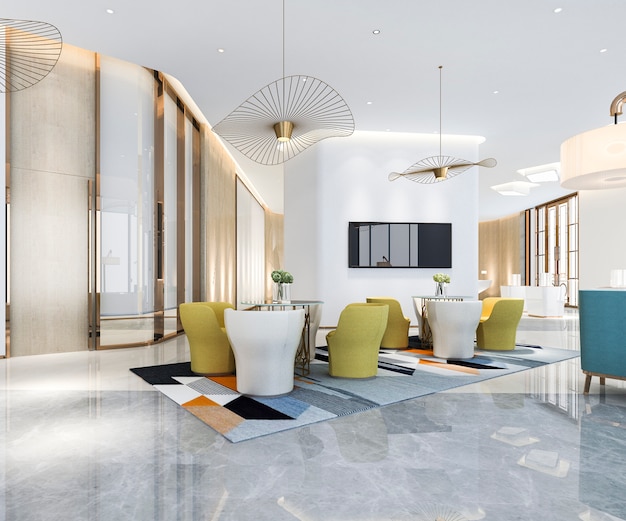3D-rendering luxe hotel receptie met kleurrijke sofa en kroonluchter