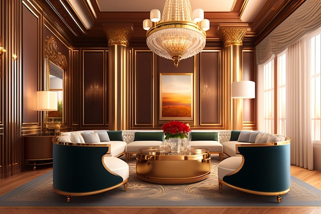 3D rendering luxe klassieke houten woonkamer in de buurt van trap en kroonluchter decor met hoog plafond